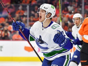 Canucks rookie Vasily Podkolzin celebrates his first NHL career goal on Oct. 15  in Philadelphia.