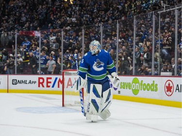 Oct 26, 2021; Vancouver, British Columbia, CAN; Vancouver Canucks goalie Thatcher Demko (35) celebrates a goal scored by Vancouver Canucks forward Alex Chiasson (39) against the Minnesota Wild in the second period at Rogers Arena. Mandatory Credit: Bob Frid-USA TODAY Sports