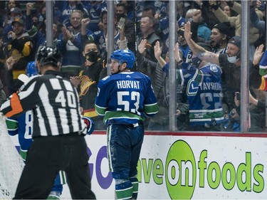 Oct 26, 2021; Vancouver, British Columbia, CAN; Vancouver Canucks forward Bo Horvat (53) celebrates his goal against the Minnesota Wild in the  third period at Rogers Arena. Mandatory Credit: Bob Frid-USA TODAY Sports