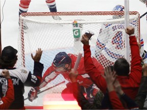 Washington Capitals left wing Alex Ovechkin (8) celebrates after scoring a goal against New York Rangers goaltender Alexandar Georgiev (40) during the third period at Capital One Arena.