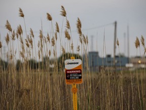 Signage for an underground Enbridge pipeline in Sarnia, Ont., May 25, 2021.