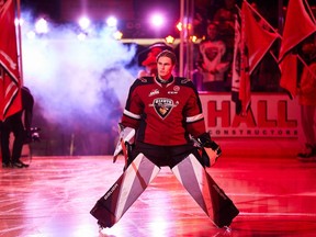 Giants goalie Jesper Vikman sizes things up before a WHL game at the Langley Events Centre last week. The Giants are counting on the NHL draftee to continue in the fine line of netminders who have played for them.