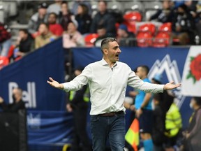Vancouver Whitecaps head coach Vanni Sartini reacts during the first half against the Minnesota United FC at BC Place.