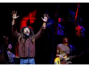 Arinze Kene performs as Bob Marley during a press preview for "Get Up, Stand Up! The Bob Marley Musical," at the Lyric Theatre, in London, Britain.