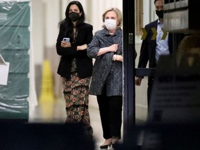 Hillary Clinton leaves after it was announced that former U.S. President Bill Clinton was admitted to the University of California Irvine Medical Center in Orange, California, U.S. October 14, 2021.