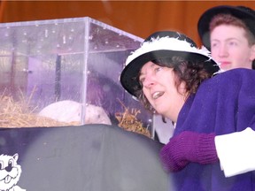 South Bruce Peninsula Mayor Janice Jackson listens to Wiarton Willie's prediction on Groundhog Day in 2020 in this file photo.