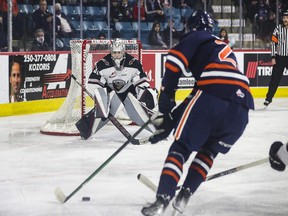 Vancouver Giants netminder Jesper Vikman stares down Kamloops Blazers forward Daylan Kuefler Friday in Kamloops' 6-1 win at home. Kuefler had two goals.