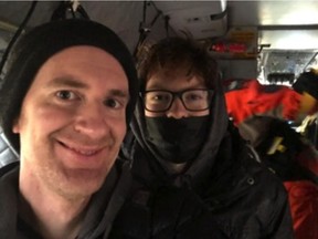 Riley McDowall and son Carter McDowall inside rescue helicopter near Hope during recent flooding. Credit: Riley McDowall.
