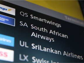 South African Airways listed on a sign at Heathrow Terminal 5 on November 28, 2021.