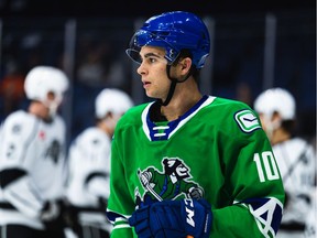 Winger Will Lockwood of the Abbotsford Canucks plays an up-tempo game that highlights speed and physical play.