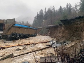 Coquihalla highway completely washed out -- all four lanes -- near Othello tunnels east of Hope.