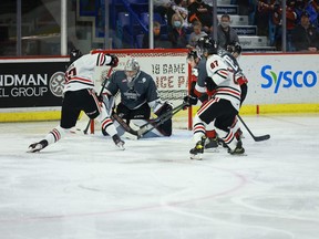 Vancouver Giants goalie Jesper Vikman slams the door shut on Portland Winterhawks forward Jack O'Brien Saturday night in Vancouver's 3-1 win at the Langley Events Centre.