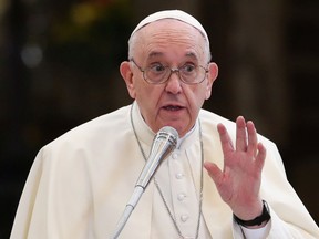 Pope Francis speaks during a meeting with people who have made a pilgrimage to the Assisi, during a private visit, ahead of World Day of the Poor, at Santa Maria degli Angeli basilica, in Assisi, Italy, Nov. 12, 2021.