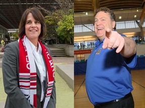 Theresa Hanson (left), athletic director at Simon Fraser University, and husband Kevin Hanson, UBC T-Birds men’s basketball coach, know to keep things friendly at home when it comes to the schools’ sports rivalry. ‘I told Theresa that I couldn’t talk to her at the gym before the game or at the gym after the game,’ says Kevin Hanson.