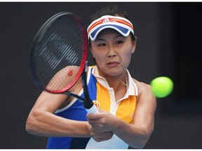 In this file photograph taken on October 4, 2017, China's Peng Shuai hits a return during her women's singles match against Romania's Monica Nicolescu at the China Open tennis tournament in Beijing.