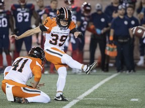 Jimmy Camacho, shown connecting on a field goal in Montreal against the Alouettes earlier this season, is one of three kickers now auditioning for place-kicking job when the B.C. Lions host the Calgary Stampeders in a must-win game on Friday.