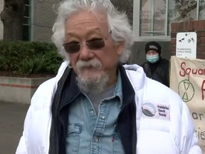 Environmentalist David Suzuki donned a white jacket with his foundation's logo while speaking to CHEK News.