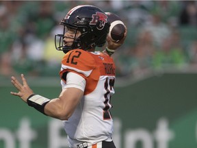 B.C. Lions quarterback Nathan Rourke throws the ball during CFL action against the Saskatchewan Roughriders in Regina on Aug. 6, 2021.