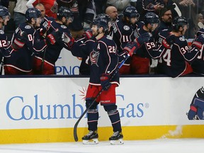 Columbus Blue Jackets right wing Oliver Bjorkstrand (28) celebrates one of his six goals this season.