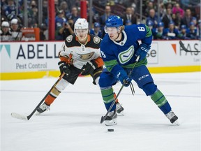 Ducks centre Trevor Zegras (left, zeroing in on Canuck Brock Boeser) is always in pursuit of the puck to score highlight-reel goals.