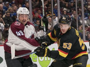 Avalanche blueliner Samuel Girard (left, jousting with Canucks captain Bo Horvat in 2019) is fourth in Avs’ scoring with nine points in 10 games.