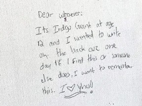 Bowen Island woman Indigo Grant has received a message from a young Mexican woman who found a note on the back of an artwork that Grant painted in 2012.