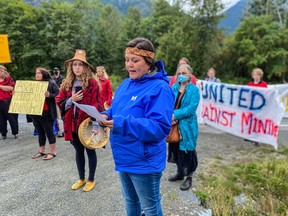 Nuxalk ancestral governance spokesperson Nuskmata (Jacinda Mack) reads an eviction notice to Vancouver-based mining company Juggernaut Exploration on Aug 16.