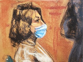 Ghislaine Maxwell, the Epstein associate accused of sex trafficking, watches as Lawrence Visoski, longtime pilot of the late Jeffrey Epstein, is cross examined during her trial in a courtroom sketch in New York City, U.S., November 30, 2021.