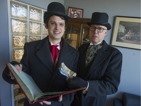 Kyle Murray (left), dressed as Bob Cratchit, and Wayne Kuyer, as Jacob Marley, from chartered accountants Kuyer and Associates in Langley, are collecting donations for the Langley Christmas Bureau and the Province Empty Stocking Fund.