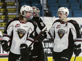 Defenceman Mazden Leslie (left) spent last spring with the Giants in the B.C. Division hub as an underage call-up, giving him a head start on this season as a WHL regular at age 16.