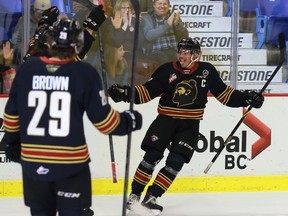 Giants captain Justin Sourdif, celebrating a goal against the visiting Kelowna Rockets last month, looks forward to hitting a ‘reset button’ with his struggling club’s road trip outside B.C. for the first time in nearly two years.