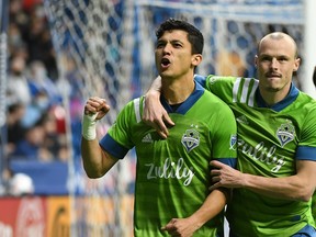 Seattle Sounders forward Fredy Montero celebrates his goal 
 but not too much — against the Vancouver Whitecaps at BC Place in 2021. That game ended in a 1-1 tie and was Montero's first game back in B.C. since returning to the Sounders. Seattle and Vancouver are the only MLS team's he's played for, with two stretches at each club.