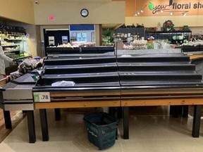 Shelves are empty at the Valleyview Save-On-Foods store in Kamloops, as many grocers are seeing stock disappear due to customers' rush to buy food. All highways between Kamloops and the Lower Mainland are closed due to the record-breaking rainstorm on Nov. 14 and 15, interrupting the supply chain.