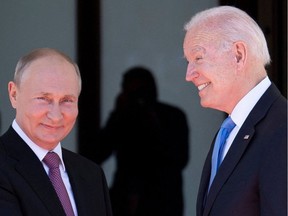 Russian President Vladimir Putin (left) with U.S. President Joe Biden prior to the U.S.-Russia summit at the Villa La Grange in Geneva, Switzerland on June 16, 2021.