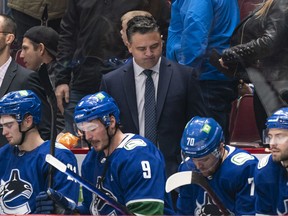 Head coach Travis Green of the Vancouver Canucks reacts after a goal by the Colorado Avalanche during the third period on November 17, 2021 at Rogers Arena