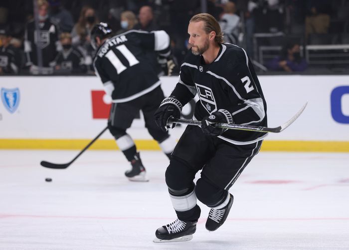  Alexander Edler of the Los Angeles Kings skates during warm ups before the game against the Winnipeg Jets at Staples Center on October 28, 2021 in Los Angeles, California.