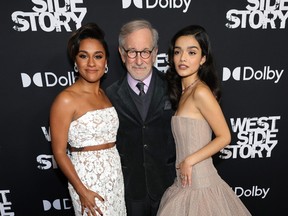 Ariana DeBose, left, Steven Spielberg, and Rachel Zegler, right, attend the New York premiere of West Side Story on Nov. 29, 2021 in New York City.