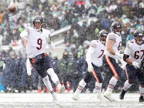 Nick Foles #9 of the Chicago Bears throws the ball during the second quarter against the Seattle Seahawks at Lumen Field on December 26, 2021 in Seattle, Washington.