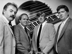 September 11 1987. Vancouver Canucks mean management machine.  Jack McIlhargey (left), Bob McCammon, Pat Quinn and Brian Burke. Greg Osadchuk / Files