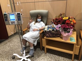 Melanie Bitner is pictured at Vancouver General Hospital during a visit in May 2021, following a second episode of vaccine-induced immune thrombotic thrombocytopenia.
