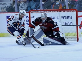 Vancouver Giants netminder Jesper Vikman shuts down Kamloops Blazer Nick McCarry on Friday in a 3-1 Giants win at the Langley Events Centre.