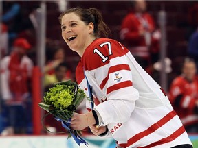 Jennifer Botterill celebrates winning the gold medal following her Canada's 2-0 victory over Team USA in the women's gold medal game at the Vancouver 2010 Winter Olympics at Canada Hockey Place on Feb. 25, 2010.