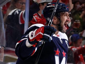 Capitals captain Alex Ovechkin celebrates his 750th goal in a game against the Blue Jackets during the second period at Capital One Arena in Washington, D.C., Saturday, Dec. 4, 2021.