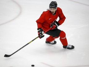 Vancouver Giants captain Justin Sourdif skates during a Team Canada world juniors selection camp practice in Calgary on Saturday.