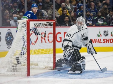 Dec 6, 2021; Vancouver, British Columbia, CAN; Vancouver Canucks forward Tanner Pearson (70) watches the shot from forward Brock Boeser (6) beat Los Angeles Kings goalie Cal Petersen (40) in the second period at Rogers Arena. Mandatory Credit: Bob Frid-USA TODAY Sports