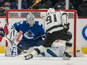 Vancouver Canucks goalie Thatcher Demko (35) makes a save on Los Angeles Kings forward Carl Grundstrom (91) in the third period at Rogers Arena in early December. Vancouver won 4-0.