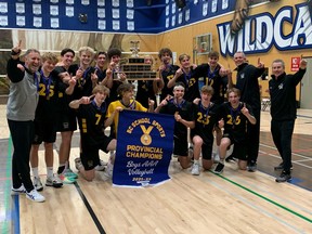 The Kelowna secondary school Owls, after winning the B.C. Boys AAA Volleyball championship on Saturday. Front row, left to right: Oaklen Kowal, Maxim Storozhuk, Max Gainey, Owen McParland, Lynden Infanti. Standing, left to right: Mike Sodaro (head coach), Manuel Olliges, Sam Jablonski, Hudson Farrell, Kian Bos, Sebastien Manuel, Walker Sodaro, Tyler Valuck, Aiden Currie, Gavin Margerison, Brady Ibbetson and Steve Manuel (assistant coaches).