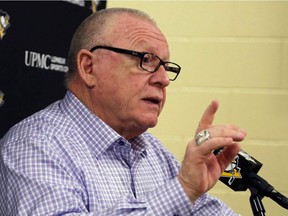 Then- Pittsburgh Penguins general manager Jim Rutherford has his final meeting of the season with the media on Wednesday, May 9, 2018.