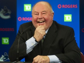 New Canucks head coach Bruce Boudreau addresses the media at in Rogers Arena on Monday.