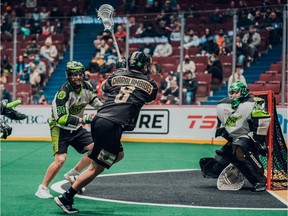 Warriors forward Adam Charalambides fires a shot on Saskatchewan Rush netminder Adam Shute during the last game that the two teams faced each other, a 10-9 Rush victory at Rogers Arena in the Warriors’ December home opener.